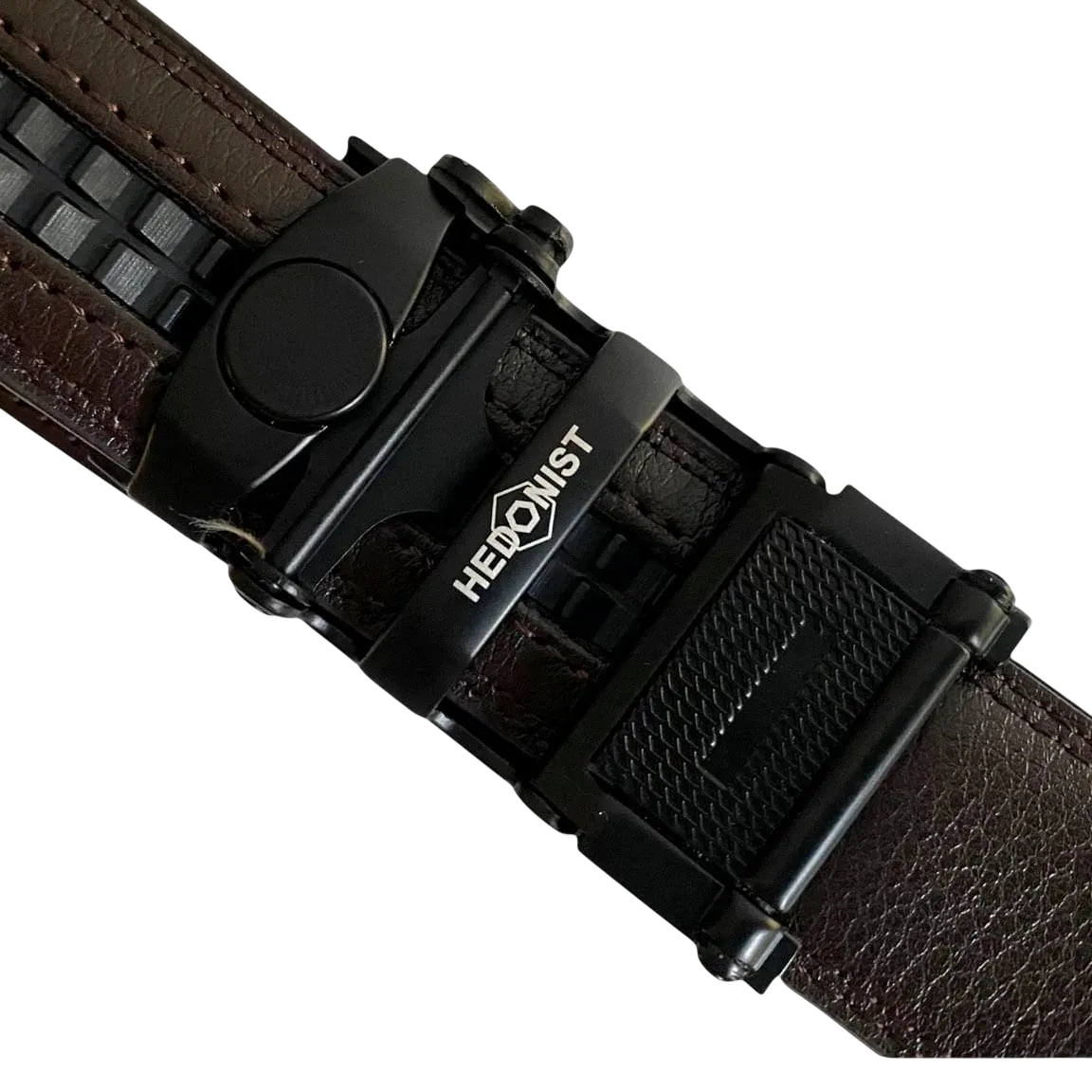 Dark brown folded-edge leather dress ratchet belt, hardware close-up