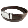 Dark brown folded-edge leather dress ratchet belt, buckle detail close-up