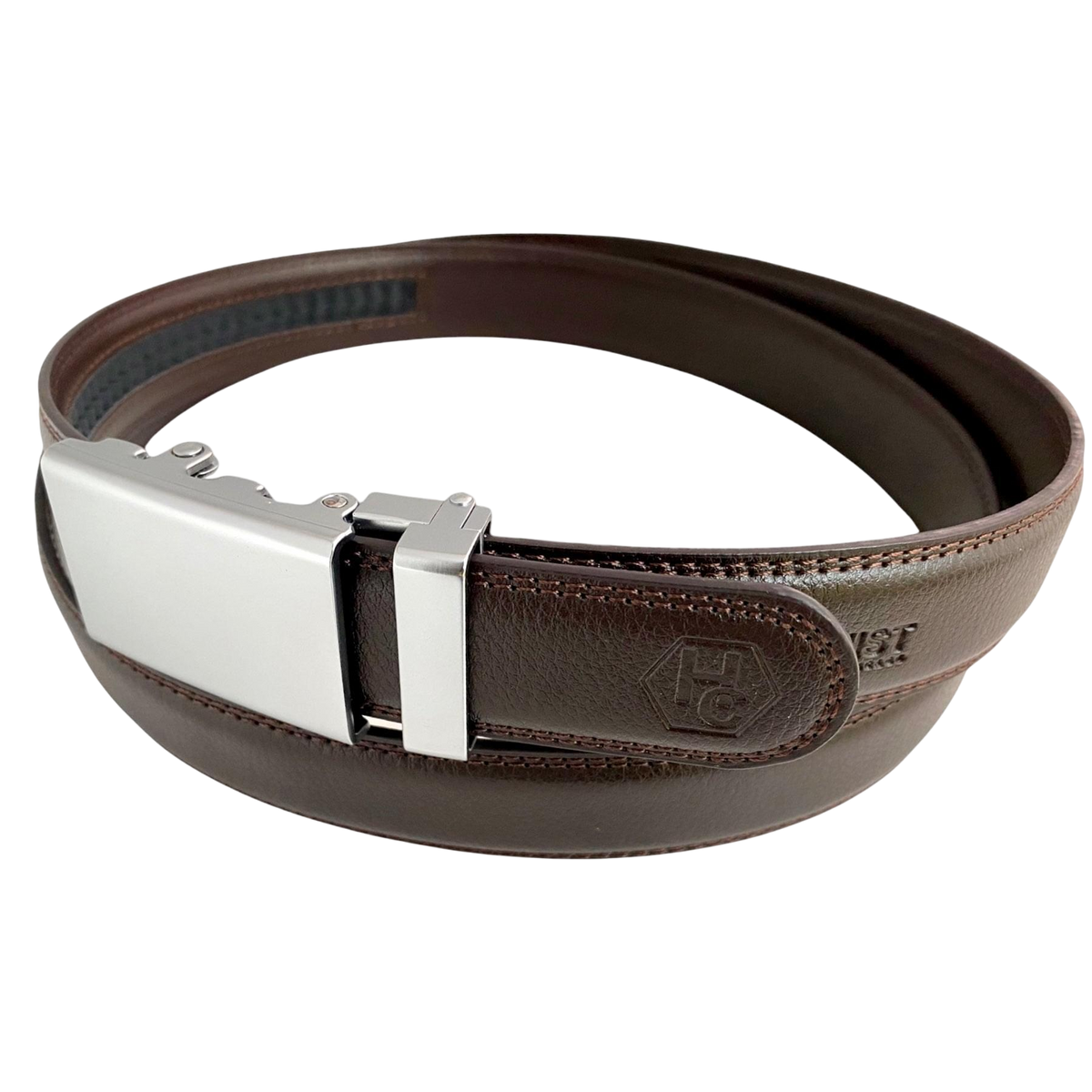 Dark brown folded-edge leather dress ratchet belt, buckle detail close-up
