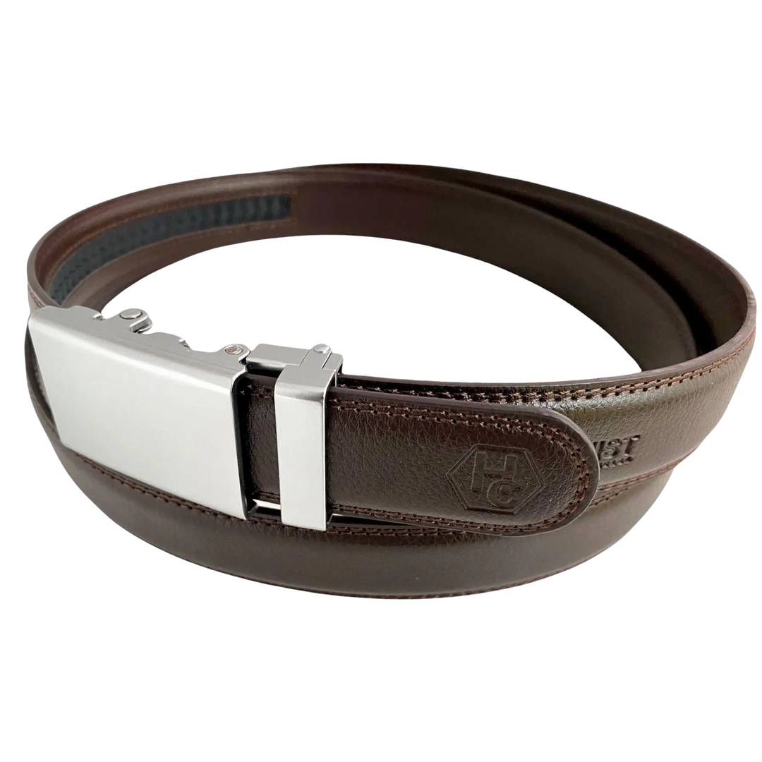 Dark brown folded-edge leather dress ratchet belt, buckle detail close-up