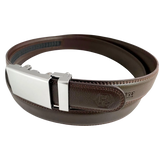 Dark brown folded-edge leather dress ratchet belt, buckle detail close-up