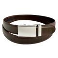 Dark brown folded-edge leather dress ratchet belt with blue-gray buckle, front view
