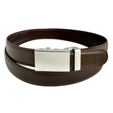 Dark brown folded-edge leather dress ratchet belt with blue-gray buckle, front view