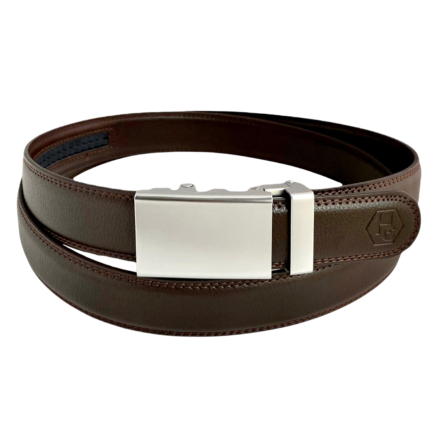 Dark brown folded-edge leather dress ratchet belt with blue-gray buckle, front view