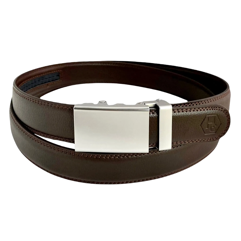 Dark brown folded-edge leather dress ratchet belt with blue-gray buckle, front view