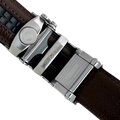 Dark brown folded-edge leather dress ratchet belt, hardware close-up