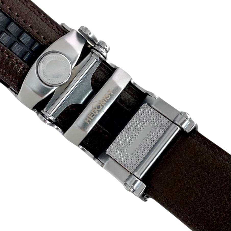 Dark brown folded-edge leather dress ratchet belt, hardware close-up
