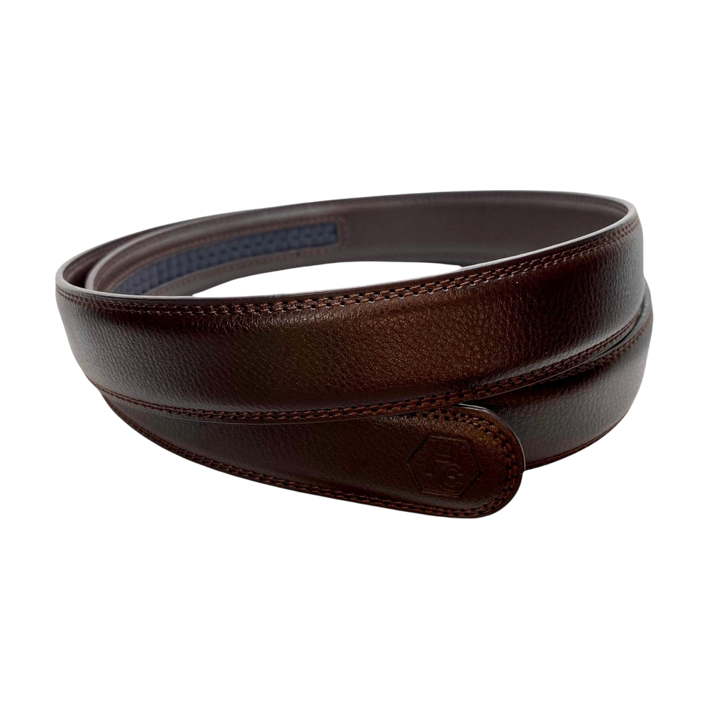 Dark brown leather belt strap, 1.15 inch, monogram detail close-up