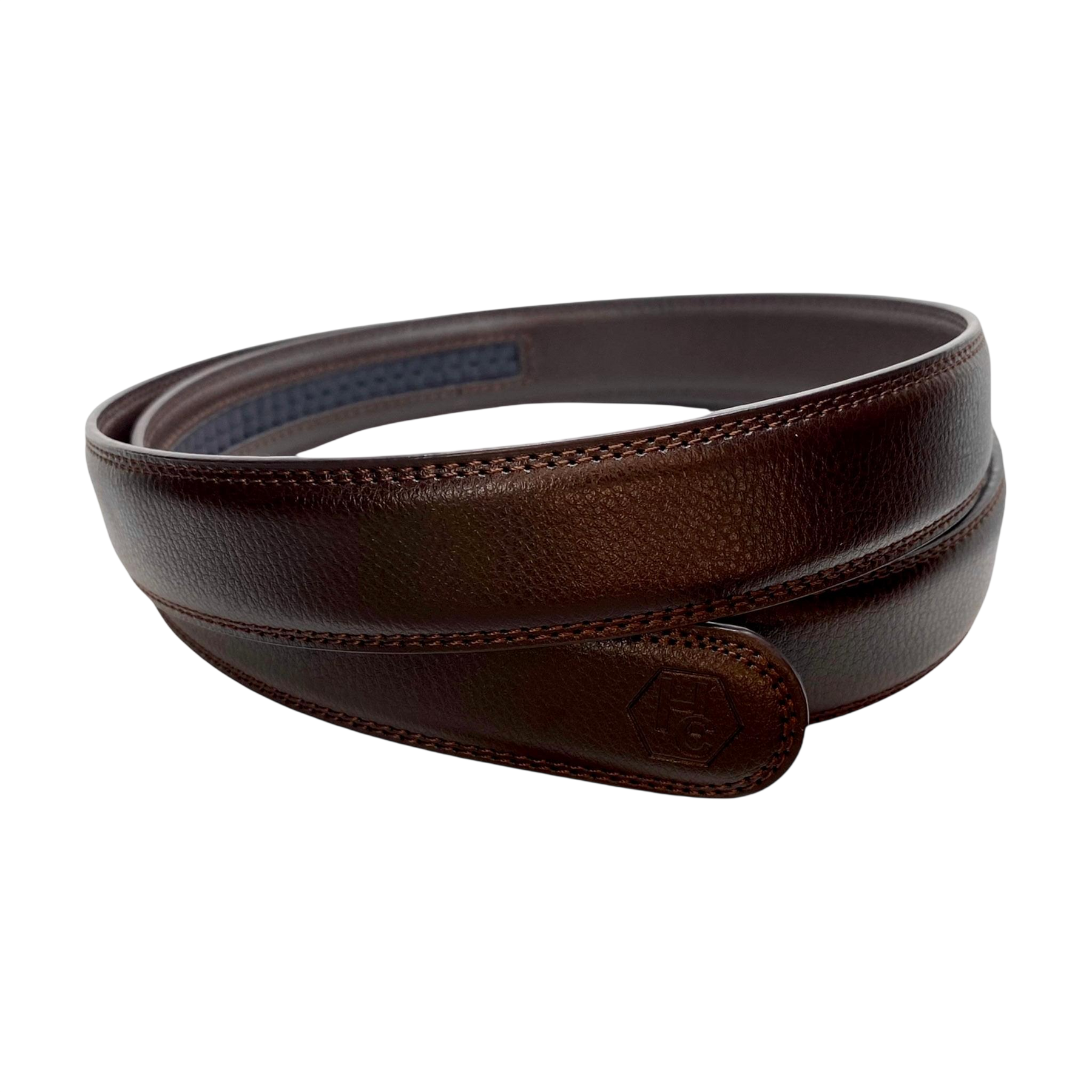 Dark brown leather belt strap, 1.15 inch, monogram detail close-up