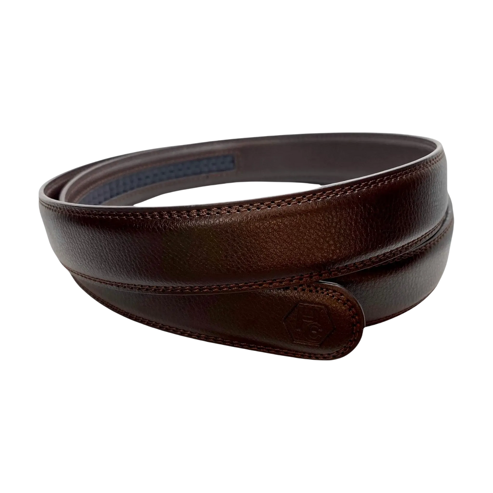Dark brown leather belt strap, 1.15 inch, monogram detail close-up