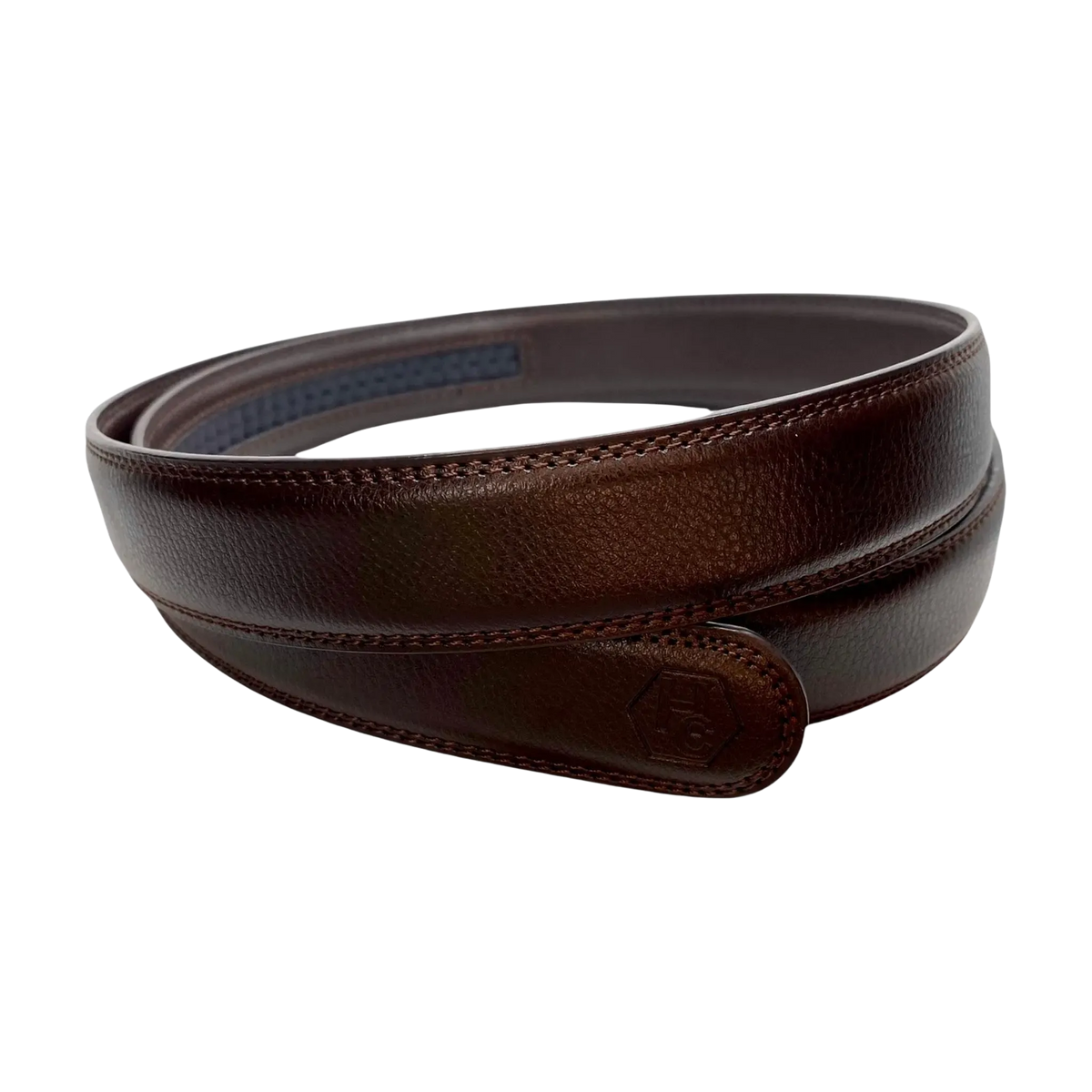 Dark brown leather belt strap, 1.15 inch, monogram detail close-up