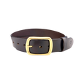 Dark brown leather belt with buckle, signature detail view
