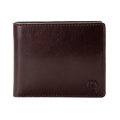 A dark brown leather bifold wallet with a tonal embossed logo on the bottom right corner, shown against a plain white background.
