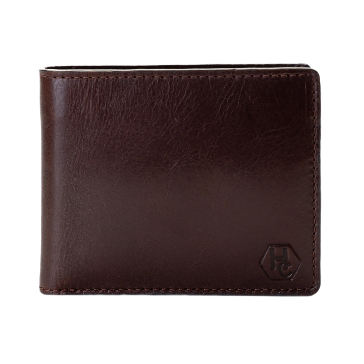 A dark brown leather bifold wallet with a tonal embossed logo on the bottom right corner, shown against a plain white background.