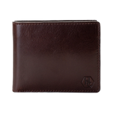 A dark brown leather bifold wallet with a tonal embossed logo on the bottom right corner, shown against a plain white background.