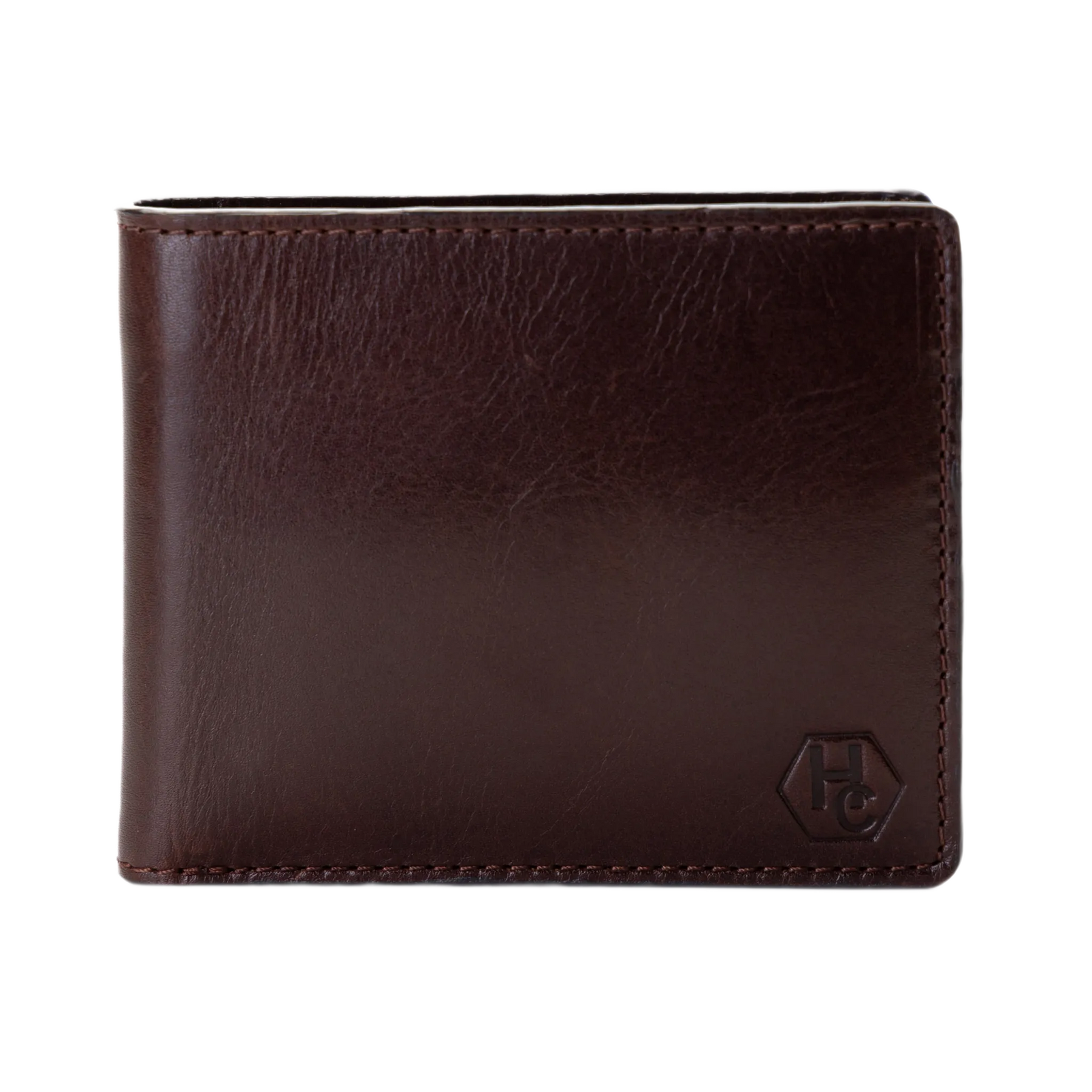 A dark brown leather bifold wallet with a tonal embossed logo on the bottom right corner, shown against a plain white background.