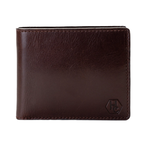 A dark brown leather bifold wallet with a tonal embossed logo on the bottom right corner, shown against a plain white background.