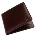 Dark brown leather bifold wallet, close-up of front logo and inside flap branding