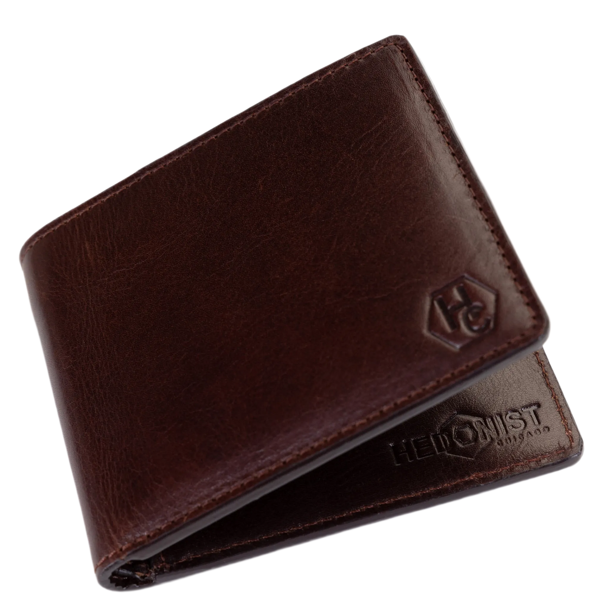 Dark brown leather bifold wallet, close-up of front logo and inside flap branding