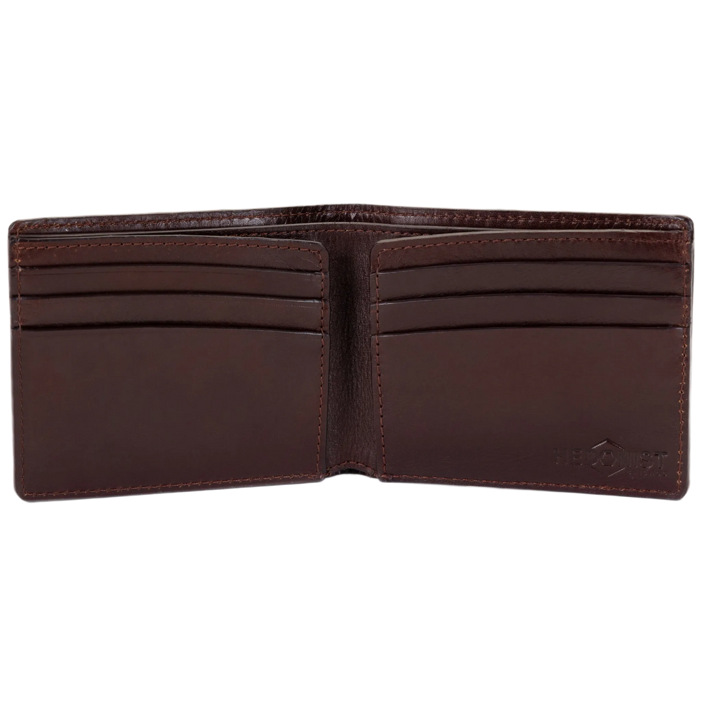 A dark brown leather bifold wallet shown open, displaying its interior card slots and stitching, on a plain white background.