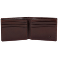 A dark brown leather bifold wallet shown open, displaying its interior card slots and stitching, on a plain white background.