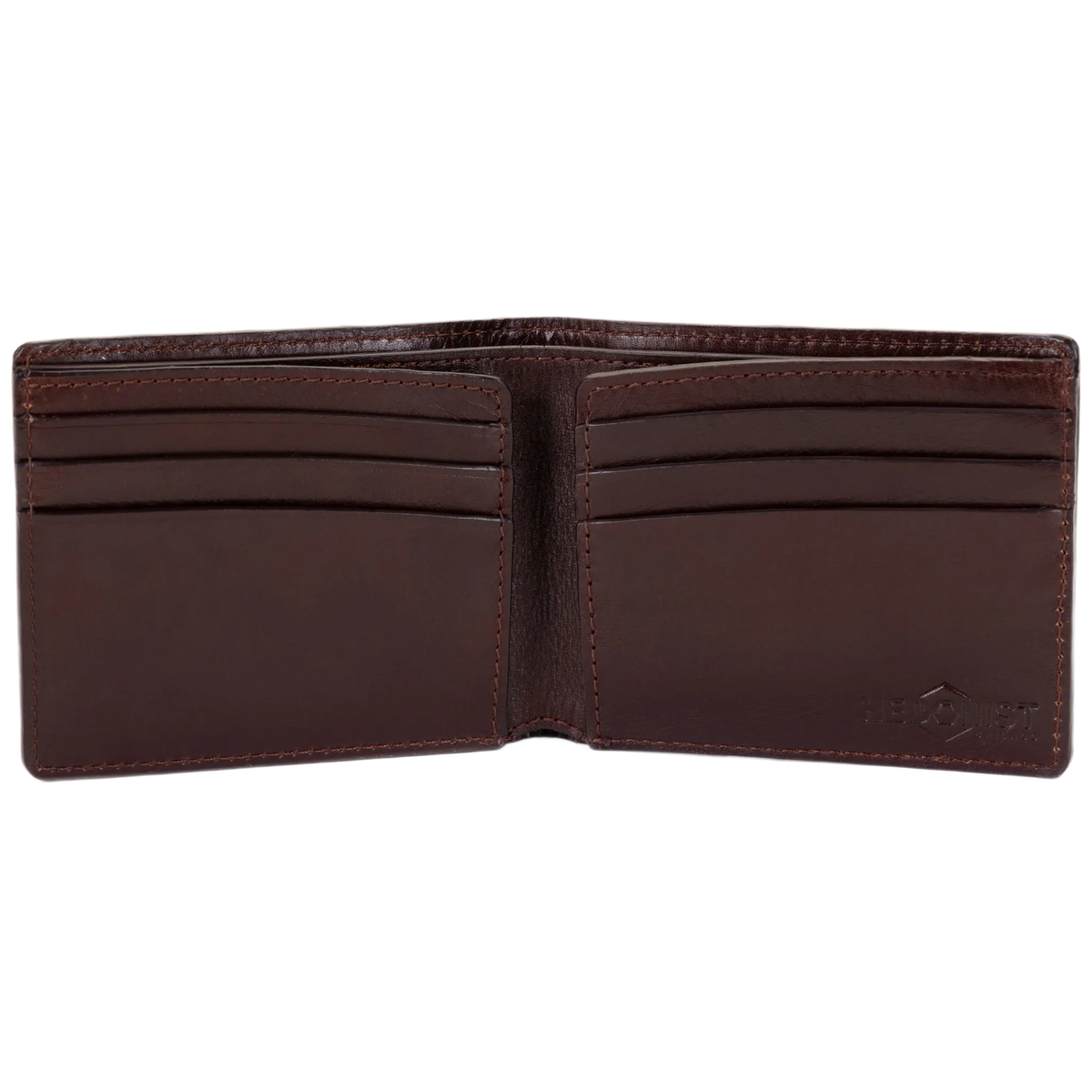 A dark brown leather bifold wallet shown open, displaying its interior card slots and stitching, on a plain white background.