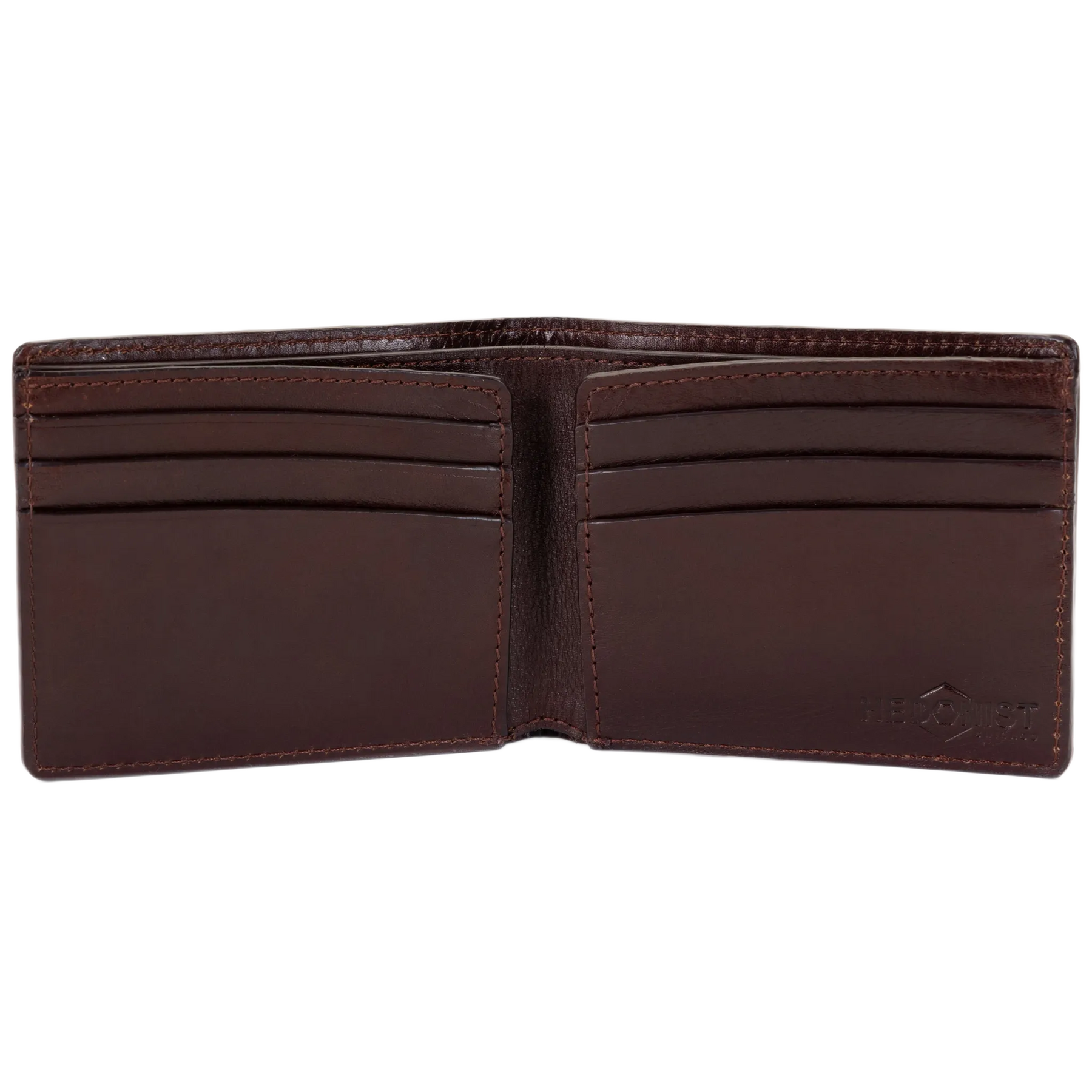A dark brown leather bifold wallet shown open, displaying its interior card slots and stitching, on a plain white background.