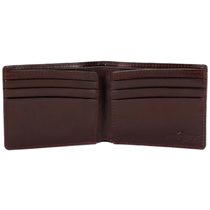 A dark brown leather bifold wallet shown open, displaying its interior card slots and stitching, on a plain white background.