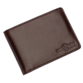 A dark brown leather bifold wallet with matching stitching and an embossed logo on the bottom right corner that reads 'HEDONIST CHICAGO'. The wallet is photographed at an angle against a solid white background.