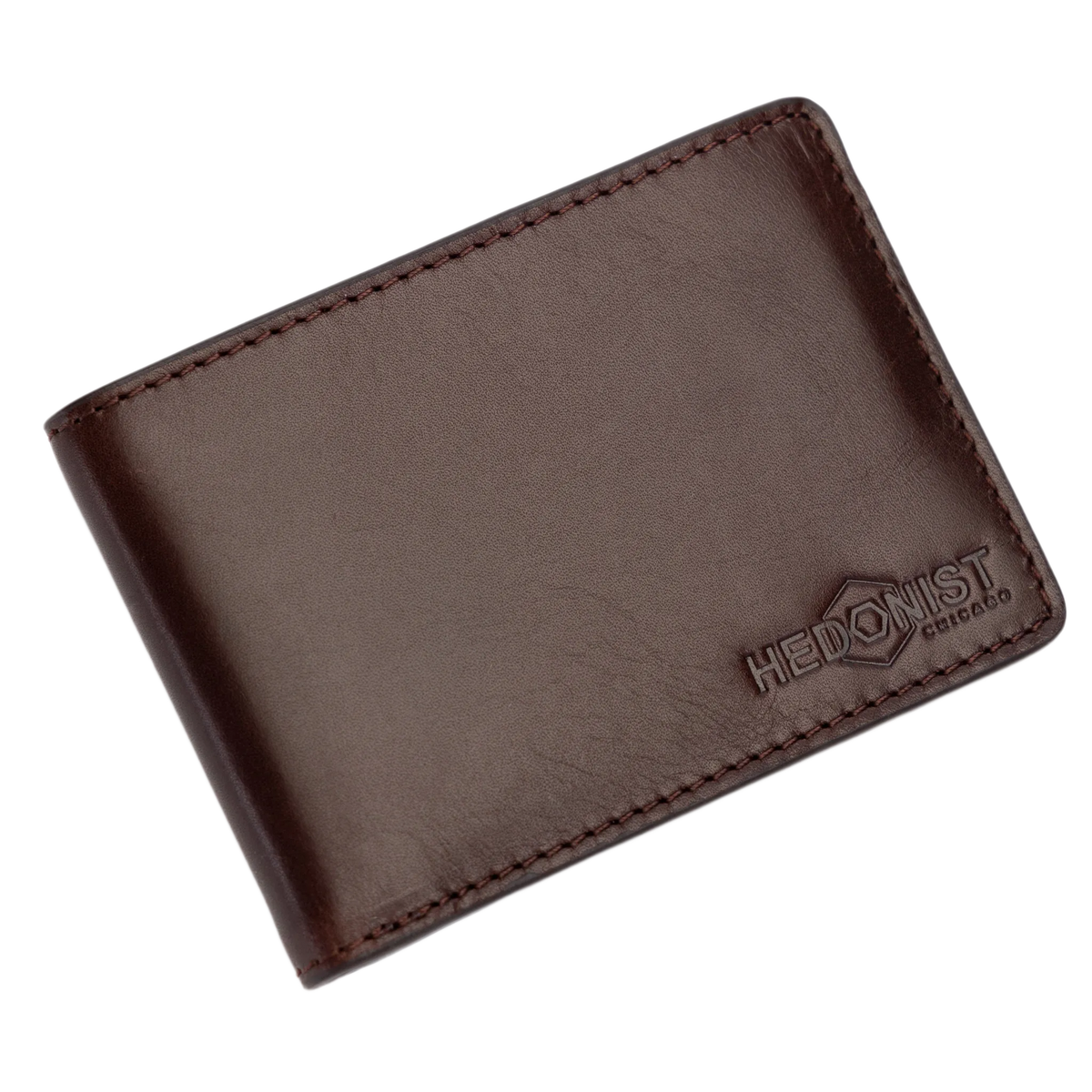 A dark brown leather bifold wallet with matching stitching and an embossed logo on the bottom right corner that reads 'HEDONIST CHICAGO'. The wallet is photographed at an angle against a solid white background.