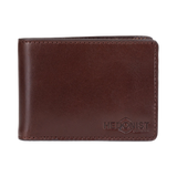 A dark brown leather bifold wallet with a debossed HEDONIST logo on the bottom right corner, shown against a plain white background.