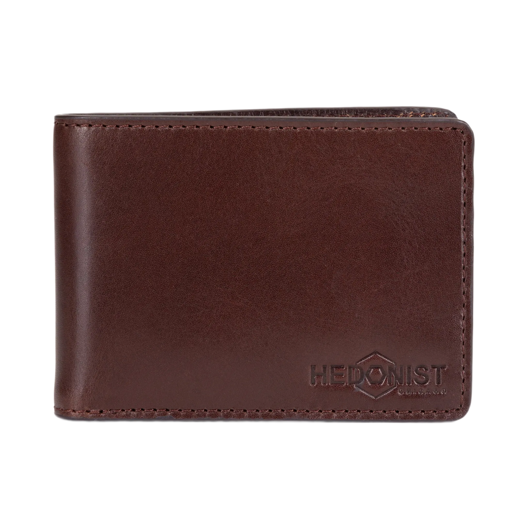 A dark brown leather bifold wallet with a debossed HEDONIST logo on the bottom right corner, shown against a plain white background.