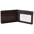 An open dark brown leather bifold wallet with multiple card slots on the left and an ID window on the right, featuring a visible 'HEDONIST' logo on the insert.