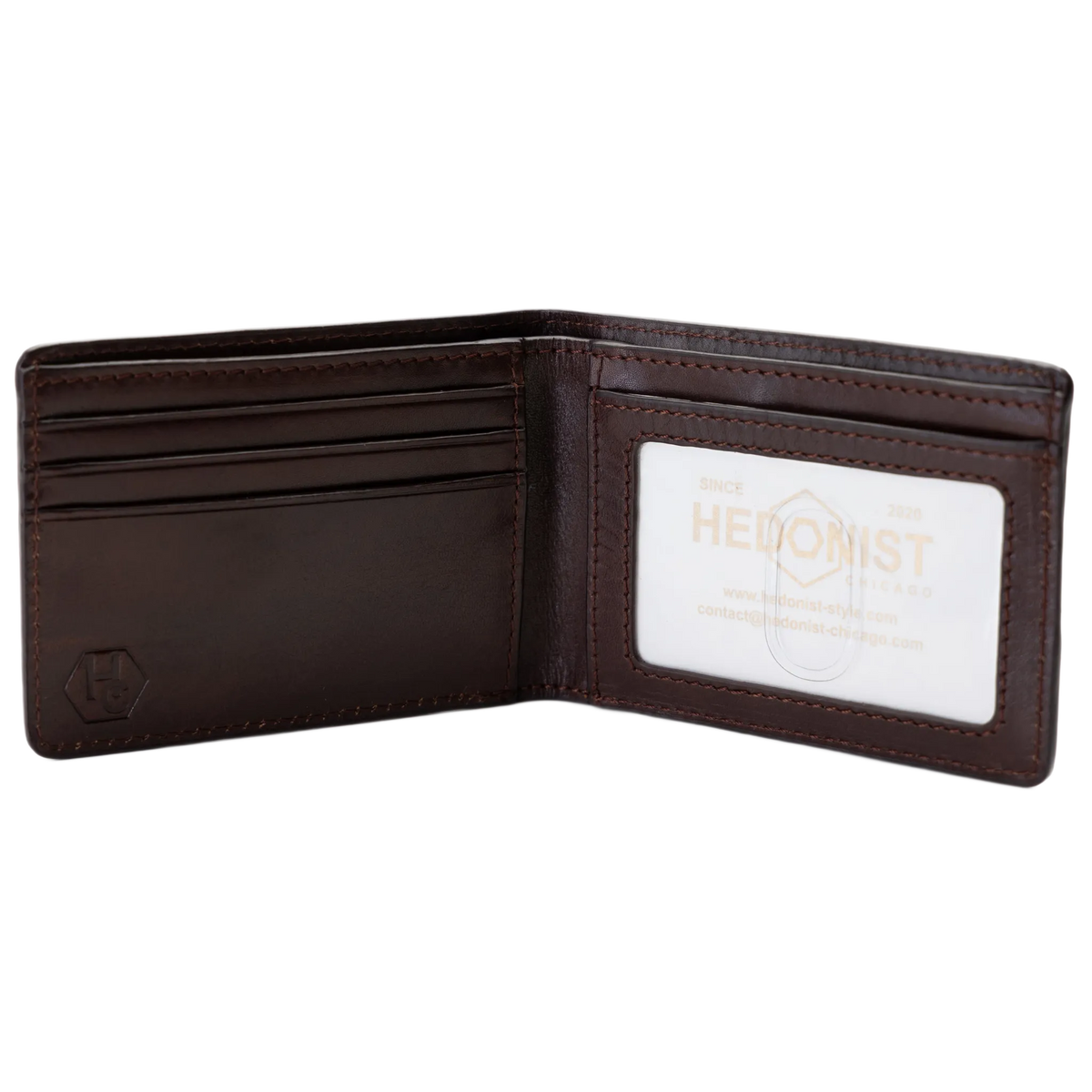 An open dark brown leather bifold wallet with multiple card slots on the left and an ID window on the right, featuring a visible 'HEDONIST' logo on the insert.