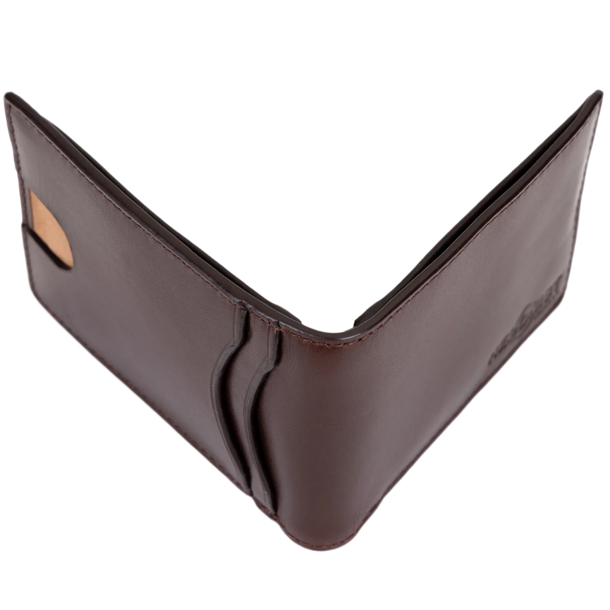 A dark brown leather bifold wallet shown open against a plain white background.