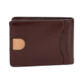 A dark brown leather bifold wallet with a minimalist light tan accent on the front, shown on a plain white background.