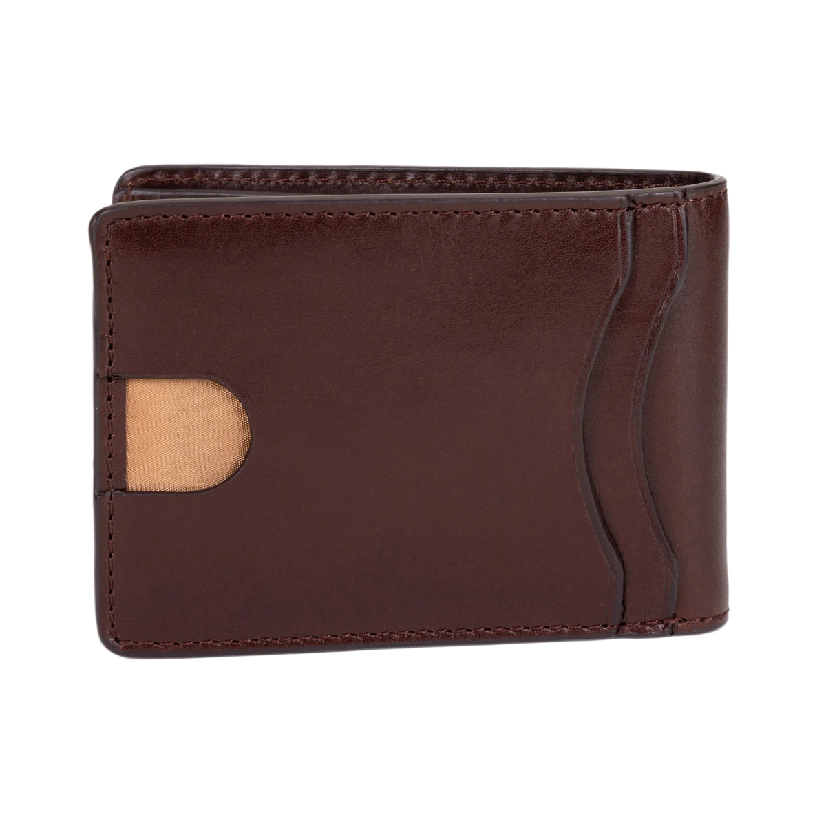 A dark brown leather bifold wallet with a minimalist light tan accent on the front, shown on a plain white background.