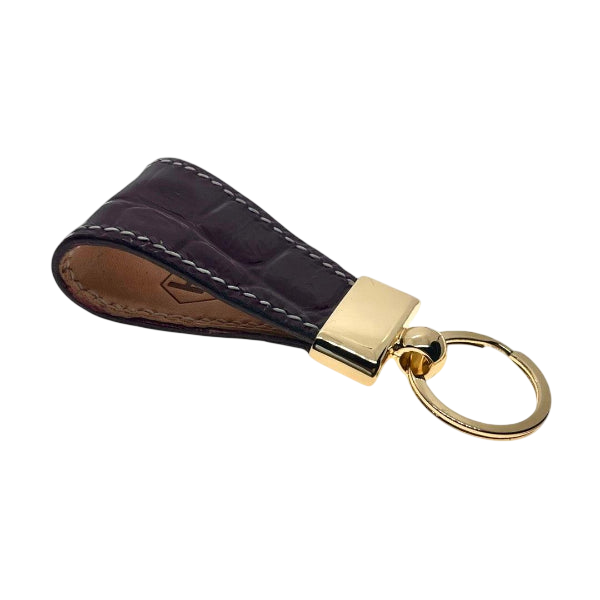 Dark brown leather key chain, full grain leather, angled view