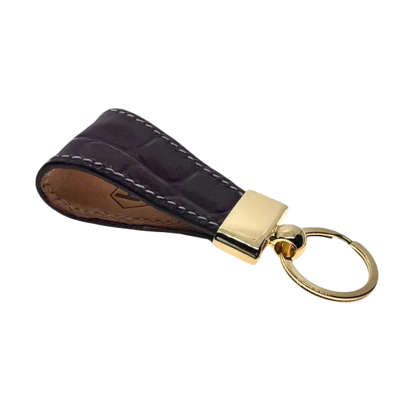 Dark brown leather key chain, full grain leather, angled view