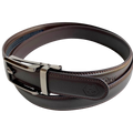 Dark brown leather dress ratchet belt with brushed hollow buckle, buckle detail close-up