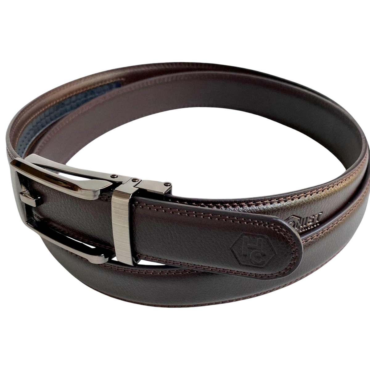 Dark brown leather dress ratchet belt with brushed hollow buckle, buckle detail close-up