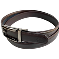 Dark brown leather dress ratchet belt with brushed hollow buckle, buckle detail close-up