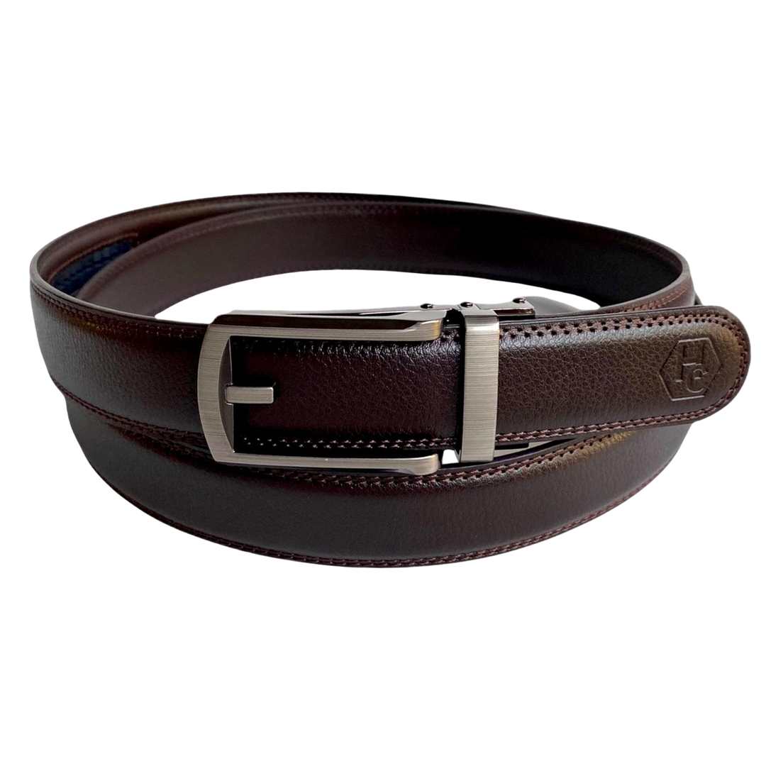 Dark brown leather dress ratchet belt with brushed hollow buckle, front view
