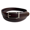 Dark brown leather dress ratchet belt with brushed hollow buckle, front view