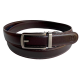Dark brown leather dress ratchet belt with brushed hollow buckle, front view
