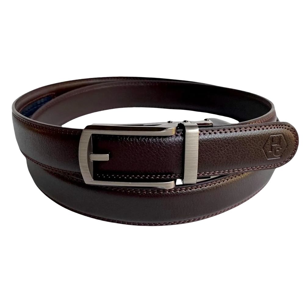 Dark brown leather dress ratchet belt with brushed hollow buckle, front view