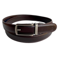 Dark brown leather dress ratchet belt with brushed hollow buckle, front view