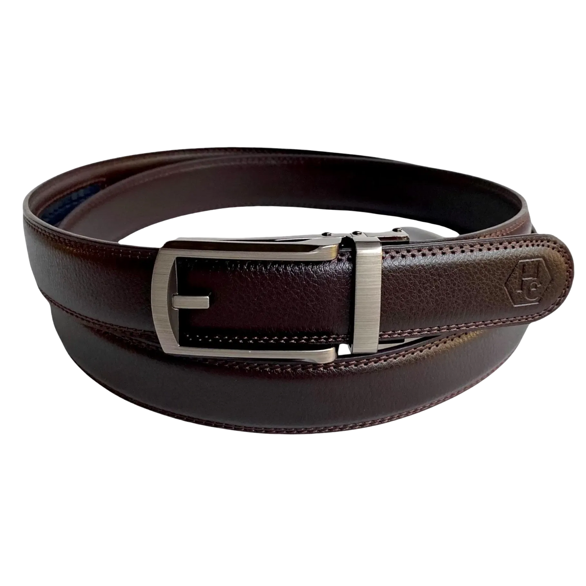 Dark brown leather dress ratchet belt with brushed hollow buckle, front view