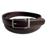 Dark brown leather dress ratchet belt with brushed hollow buckle, front view