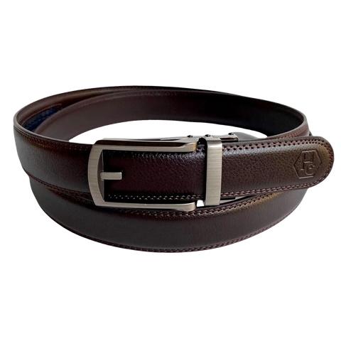 Dark brown leather dress ratchet belt with brushed hollow buckle, front view